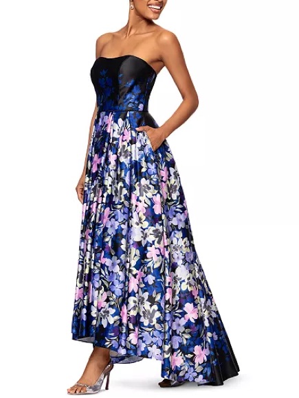 Betsy & Adam Floral-Print Strapless Ball Gown In Blue Pink Purple, Size 8, $329